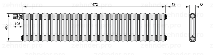 Схема (чертеж) Радиатор Zehnder Charleston 2040/32 №V011 Белый глянцевый RAL 9016